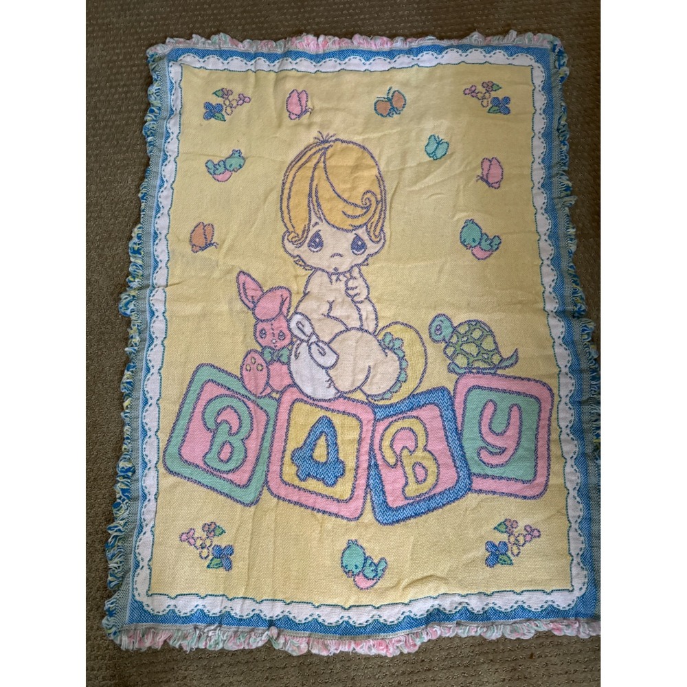 Vintage Precious Moments Baby Blanket Woven Tapestry Reversible Yellow Teal